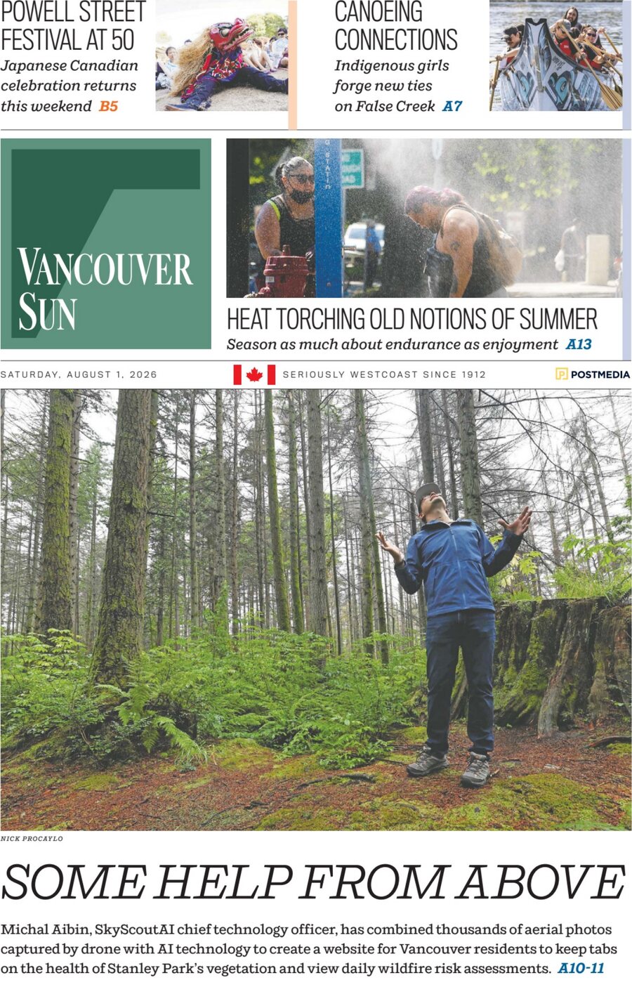 Vancouver Sun front page, Saturday August 1, 2026, headlined Some Help From Above, with a photograph of Michal Aibin in Stanley Park